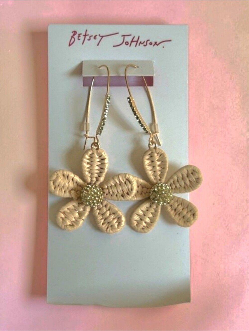 Betsey Johnson Daisy Rafia Crystal Earrings, NWT